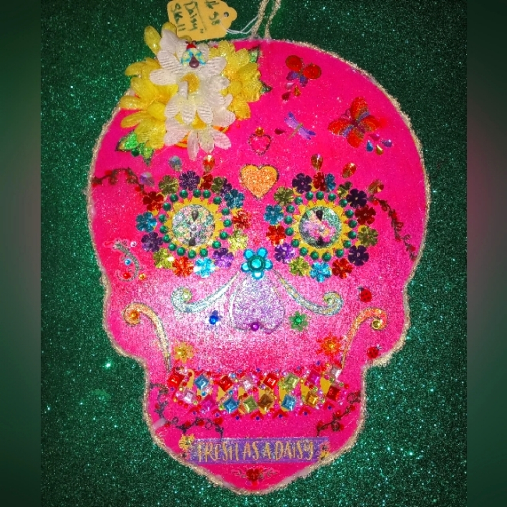 " Daisy" wooden decorated sugar skull